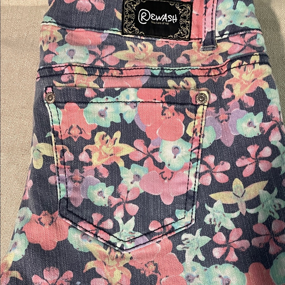 Rewash Women's Floral Jeggings - Coral, Mint, and Lavender size 9 distressed